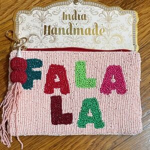 India Handmade Beaded 'FALALA’ Pink Pouch with Colorful Lettering
